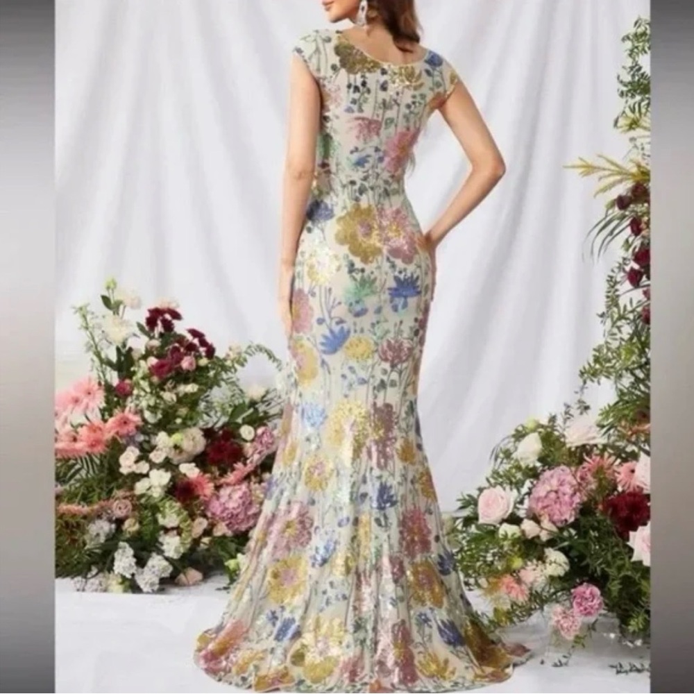 Faeriesty Luxe Floral Sequin Formal Maxi Dress with Side Slit Size xl - Picture 2 of 6